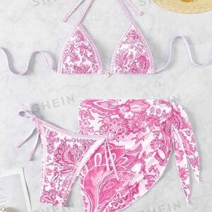 Swim set. Pink plant print.